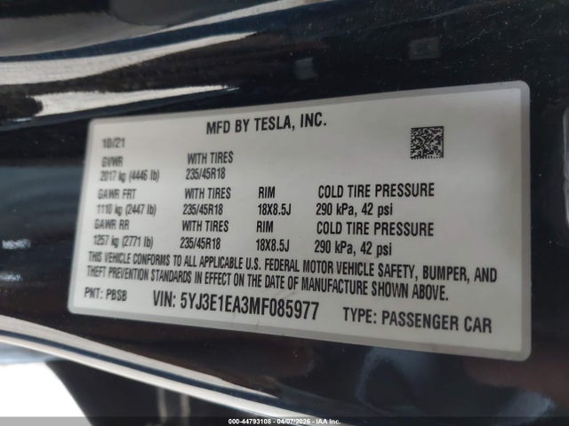 Aukcja sprzedaży 2021 Tesla Model 3 Standard Range Plus Rear-wheel Drive, vin: 5YJ3E1EA3MF085977, numer aukcji: 44793108