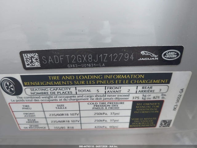 44793110 :رقم المزاد ، SADFT2GX8J1Z12794 vin ، 2018 Jaguar E-pace R-dynamic S مزاد بيع