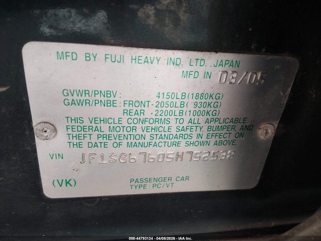 Aukcja sprzedaży 2005 Subaru Forester 2.5xs L.l. Bean, vin: JF1SG67605H752538, numer aukcji: 44793124