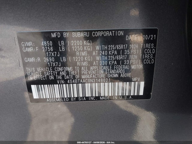 Aukcja sprzedaży 2022 Subaru Outback, vin: 4S4BTAAC0N3148021, numer aukcji: 44793127