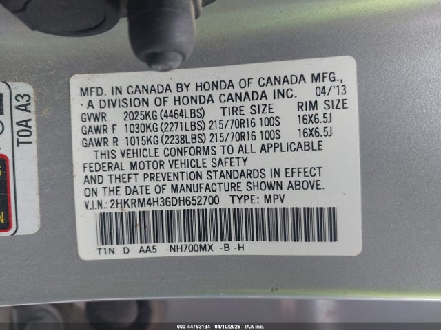 44793134 :رقم المزاد ، 2HKRM4H36DH652700 vin ، 2013 Honda Cr-v Lx مزاد بيع