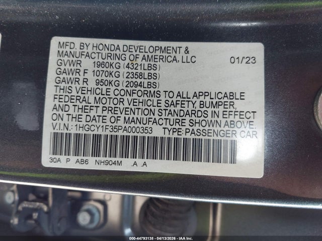 44793138 :رقم المزاد ، 1HGCY1F35PA000353 vin ، 2023 Honda Accord Ex مزاد بيع
