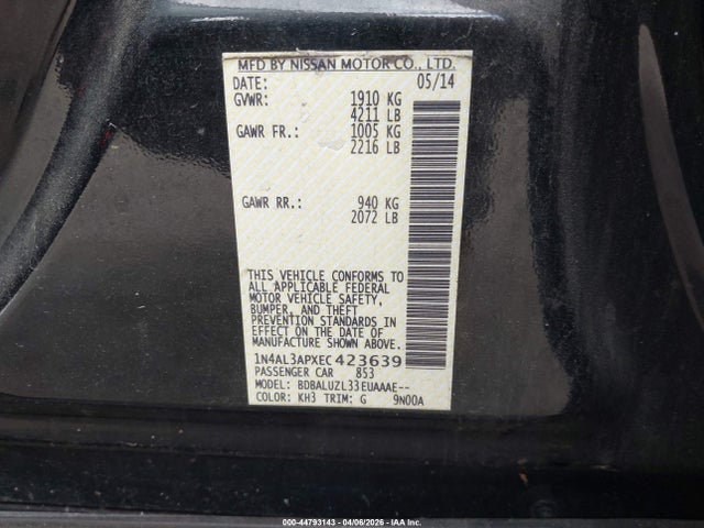 Aukcja sprzedaży 2014 Nissan Altima 2.5 Sv, vin: 1N4AL3APXEC423639, numer aukcji: 44793143