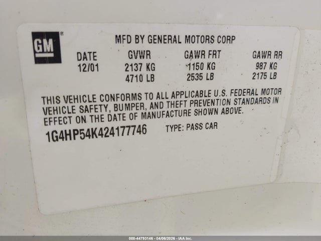 Продаж на аукціоні авто 2002 Buick Lesabre Custom, vin: 1G4HP54K424177746, номер лоту: 44793146