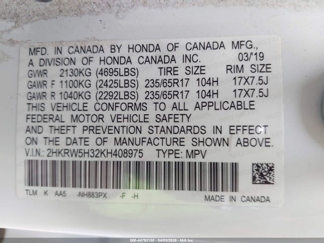 2019 Honda Cr-v Lx მანქანა იყიდება აუქციონზე, vin: 2HKRW5H32KH408975, აუქციონის ნომერი: 44793150