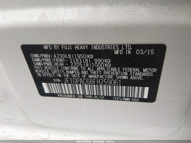 44793154 :رقم المزاد ، JF1GPAC68FH259061 vin ، 2015 Subaru Impreza 2.0i Premium مزاد بيع