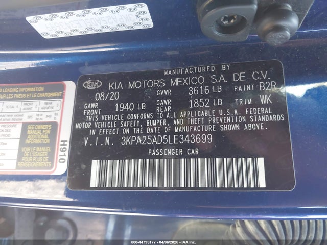 Aukcja sprzedaży 2020 Kia Rio 5-door S, vin: 3KPA25AD5LE343699, numer aukcji: 44793177