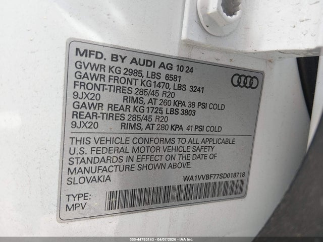 Продажа на аукционе авто 2025 Audi Q7 Prestige 55 Tfsi Quattro Tiptronic, vin: WA1VVBF77SD018718, номер лота: 44793183