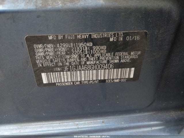 2016 Subaru Impreza 2.0i მანქანა იყიდება აუქციონზე, vin: JF1GJAA68GH009406, აუქციონის ნომერი: 44793184