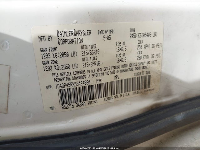 Aukcja sprzedaży 2005 Dodge Caravan Sxt, vin: 1D4GP45RX5B424860, numer aukcji: 44793188