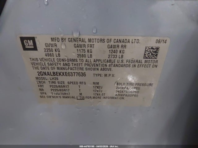 Auction sale of the 2014 Chevrolet Equinox 1lt, vin: 2GNALBEKXE6377636, lot number: 44793195