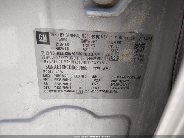 44793204 :رقم المزاد ، 3GNAL2EK7DS620058 vin ، 2013 Chevrolet Captiva Sport 2ls مزاد بيع