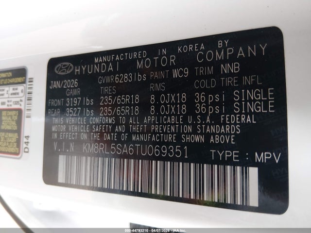44793210 :رقم المزاد ، KM8RL5SA6TU069351 vin ، 2026 Hyundai Palisade Hev Blue Sel 8p مزاد بيع