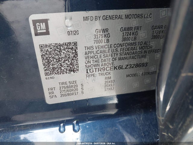 44793214 :رقم المزاد ، 1GTR9CEK6LZ328693 vin ، 2020 Gmc Sierra 1500 4wd  Standard Box Elevation مزاد بيع