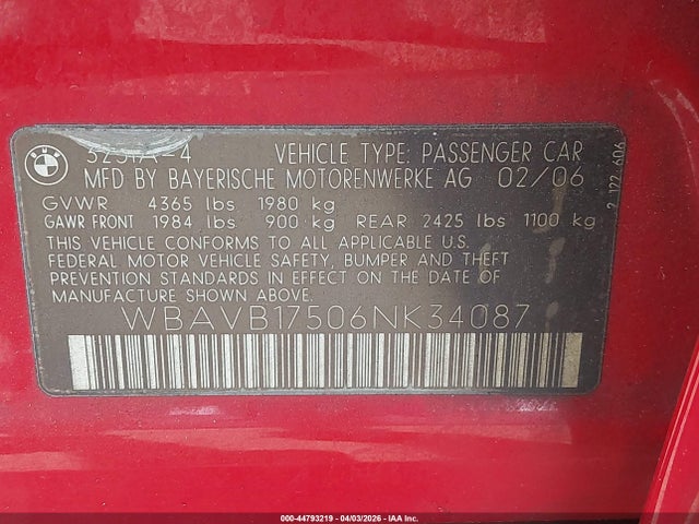 44793219 :رقم المزاد ، WBAVB17506NK34087 vin ، 2006 Bmw 325i مزاد بيع