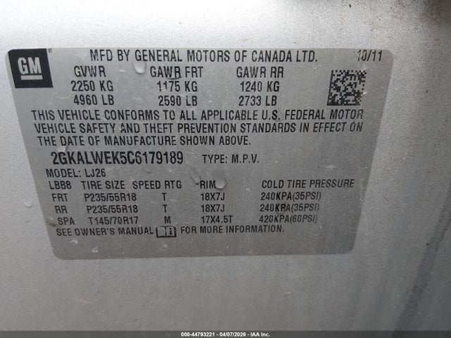 44793221 :رقم المزاد ، 2GKALWEK5C6179189 vin ، 2012 Gmc Terrain Slt-2 مزاد بيع