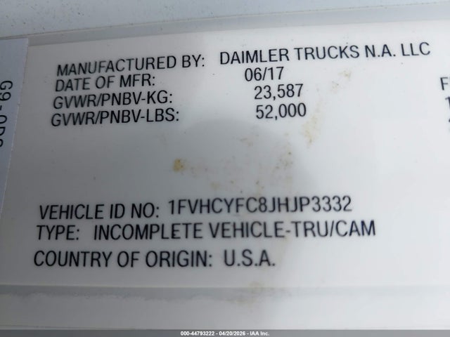 44793222 :رقم المزاد ، 1FVHCYFC8JHJP3332 vin ، 2018 Freightliner M2 106 مزاد بيع