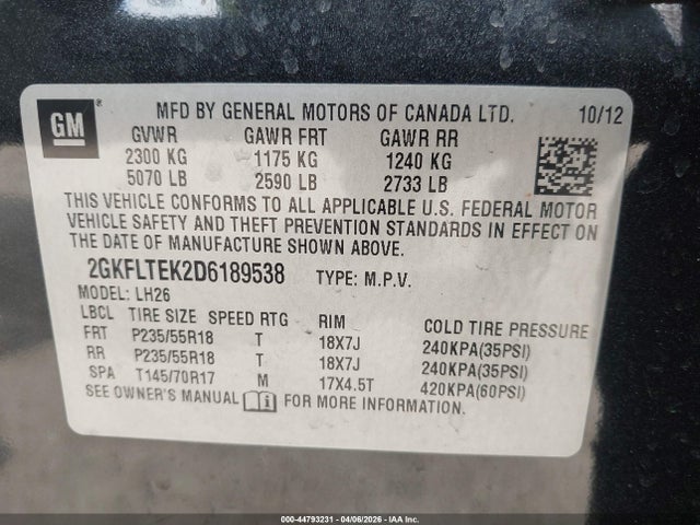 Aukcja sprzedaży 2013 Gmc Terrain Sle-2, vin: 2GKFLTEK2D6189538, numer aukcji: 44793231
