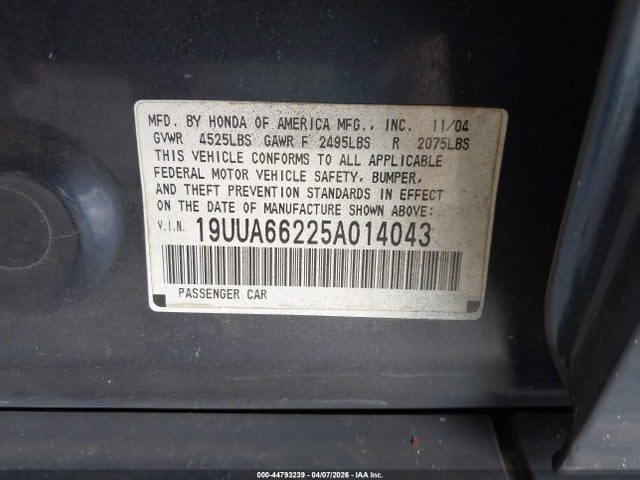 2005 Acura Tl მანქანა იყიდება აუქციონზე, vin: 19UUA66225A014043, აუქციონის ნომერი: 44793239