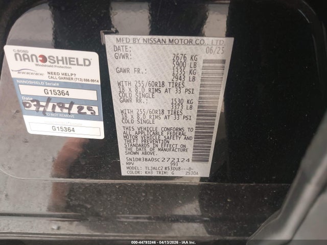 44793246 :رقم المزاد ، 5N1DR3BA0SC272124 vin ، 2025 Nissan Pathfinder Sv Fwd مزاد بيع