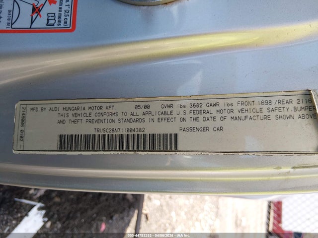 44793253 :رقم المزاد ، TRUSC28N711004382 vin ، 2001 Audi Tt مزاد بيع