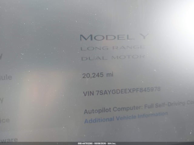 44793260 :رقم المزاد ، 7SAYGDEEXPF845978 vin ، 2023 Tesla Model Y مزاد بيع
