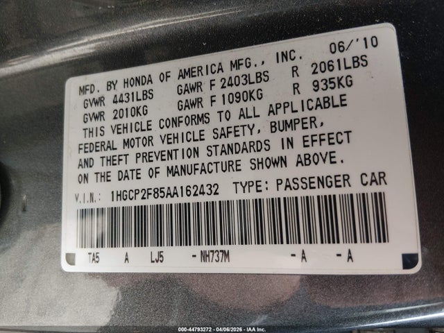 Продажа на аукционе авто 2010 Honda Accord 2.4 Ex-l, vin: 1HGCP2F85AA162432, номер лота: 44793272