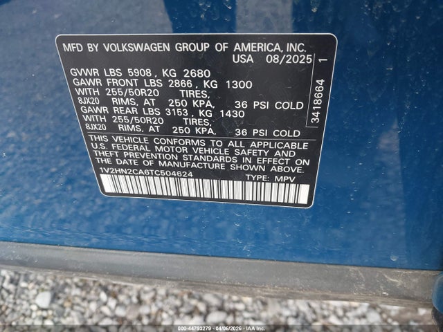 Продаж на аукціоні авто 2026 Volkswagen Atlas Se With Technology, vin: 1V2HN2CA6TC504624, номер лоту: 44793279