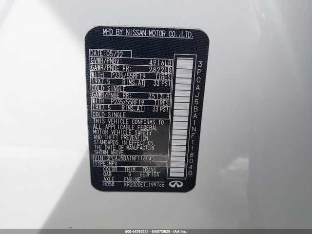2022 Infiniti Qx50 Luxe მანქანა იყიდება აუქციონზე, vin: 3PCAJ5BA1NF118040, აუქციონის ნომერი: 44793281
