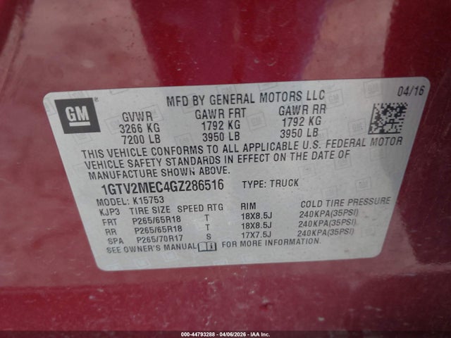 Aukcja sprzedaży 2016 Gmc Sierra 1500 Sle, vin: 1GTV2MEC4GZ286516, numer aukcji: 44793288