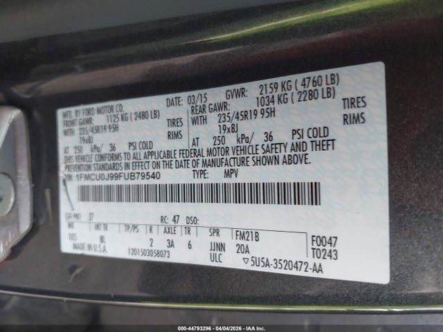Продажа на аукционе авто 2015 Ford Escape Titanium, vin: 1FMCU0J99FUB79540, номер лота: 44793296