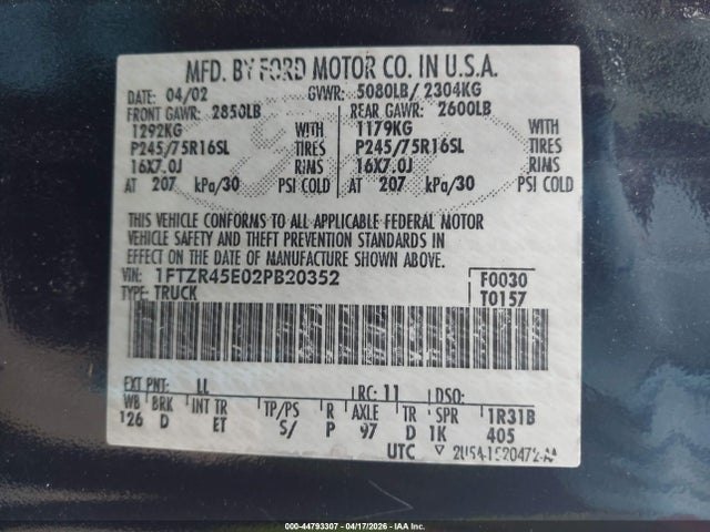 Продажа на аукционе авто 2002 Ford Ranger Edge/xlt, vin: 1FTZR45E02PB20352, номер лота: 44793307