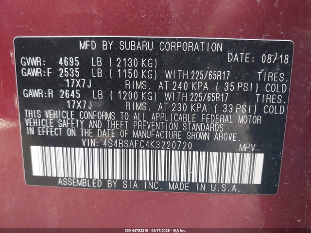 Продаж на аукціоні авто 2019 Subaru Outback 2.5i Premium, vin: 4S4BSAFC4K3220720, номер лоту: 44793310