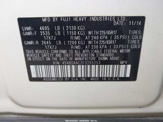 2015 Subaru Outback 2.5i მანქანა იყიდება აუქციონზე, vin: 4S4BSAAC2F3255253, აუქციონის ნომერი: 44793322