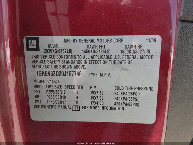 Aukcja sprzedaży 2009 Gmc Acadia Slt-2, vin: 1GKEV33D39J167746, numer aukcji: 44793323