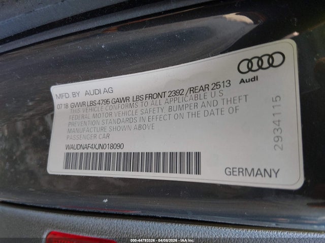 2018 Audi A4 2.0t Premium/2.0t Tech Premium მანქანა იყიდება აუქციონზე, vin: WAUDNAF4XJN018090, აუქციონის ნომერი: 44793326