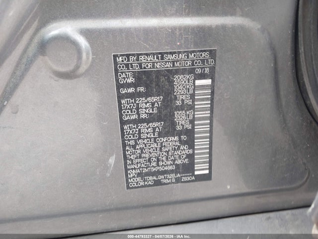 Aukcja sprzedaży 2019 Nissan Rogue Sv, vin: KNMAT2MT5KP504663, numer aukcji: 44793327