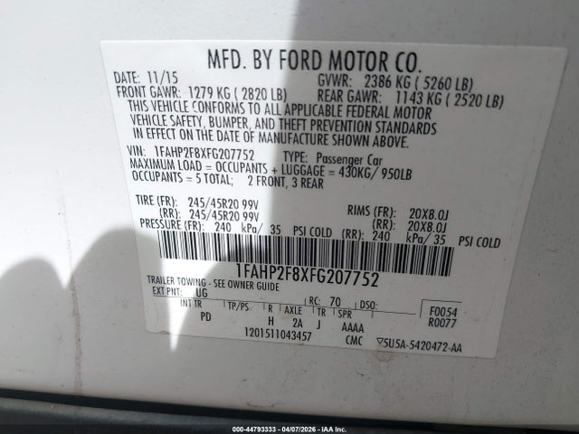 2015 Ford Taurus Limited მანქანა იყიდება აუქციონზე, vin: 1FAHP2F8XFG207752, აუქციონის ნომერი: 44793333