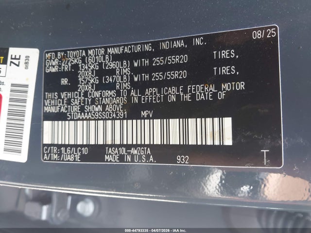Aukcja sprzedaży 2025 Toyota Grand Highlander Limited, vin: 5TDAAAA59SS034391, numer aukcji: 44793335