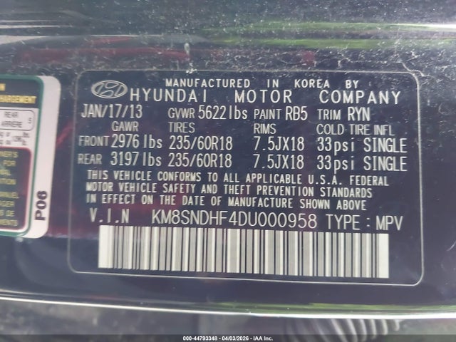 44793348 :رقم المزاد ، KM8SNDHF4DU000958 vin ، 2013 Hyundai Santa Fe Gls مزاد بيع