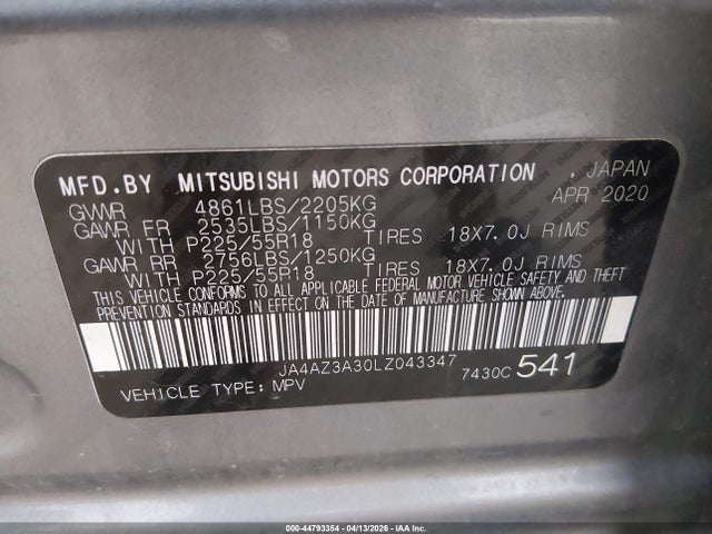 Продажа на аукционе авто 2020 Mitsubishi Outlander Es 2.4 S-awc/le 2.4 S-awc/se 2.4 S-awc/sel 2.4 S-awc/sp 2.4 S-awc, vin: JA4AZ3A30LZ043347, номер лота: 44793354