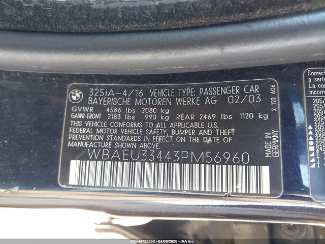 Продажа на аукционе авто 2003 Bmw 325xi, vin: WBAEU33443PM56960, номер лота: 44793362