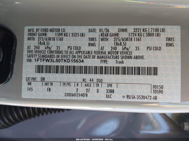 Aukcja sprzedaży 2026 Ford F-150 Xlt, vin: 1FTFW3L50TKD15634, numer aukcji: 44793363