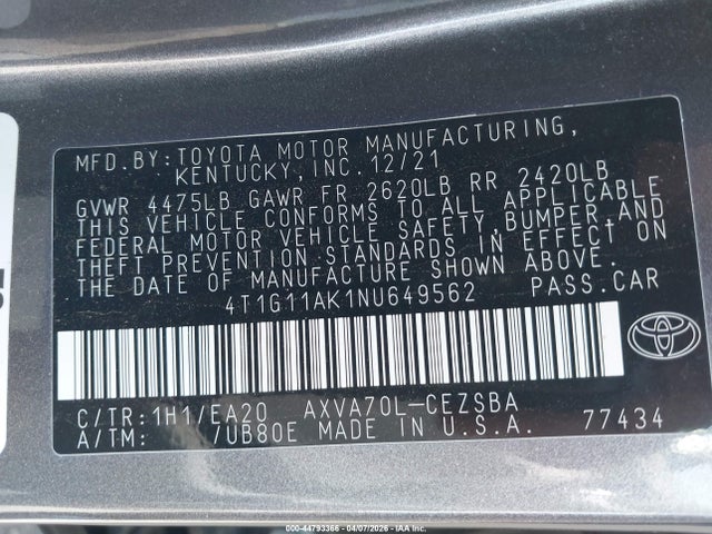 Auction sale of the 2022 Toyota Camry Se, vin: 4T1G11AK1NU649562, lot number: 44793366