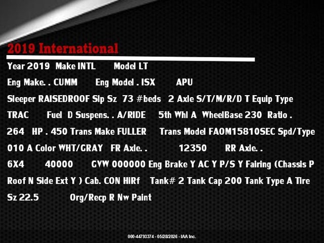 Продаж на аукціоні авто 2019 International Lt, vin: 3HSDZAPR1KN091718, номер лоту: 44793374