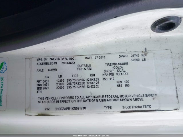 Продаж на аукціоні авто 2019 International Lt, vin: 3HSDZAPR1KN091718, номер лоту: 44793374