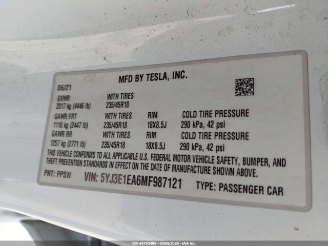 44793405 :رقم المزاد ، 5YJ3E1EA6MF987121 vin ، 2021 Tesla Model 3 Standard Range Plus Rear-wheel Drive مزاد بيع