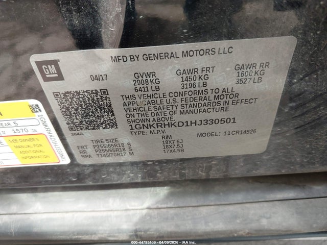 Продаж на аукціоні авто 2017 Chevrolet Traverse 2lt, vin: 1GNKRHKD1HJ330501, номер лоту: 44793409