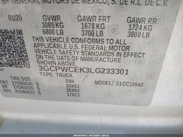 Продаж на аукціоні авто 2020 Chevrolet Silverado 1500 2wd  Short Bed Lt, vin: 3GCPWCEK3LG233301, номер лоту: 44793412