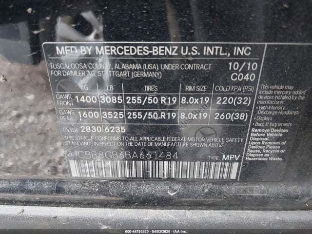 44793420 :رقم المزاد ، 4JGBB8GB6BA661484 vin ، 2011 Mercedes-benz Ml 350 4matic مزاد بيع
